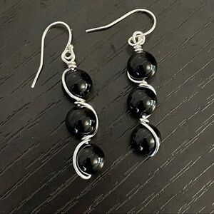 2/$49 Handmade 925 Sterling Silver Onyx Wire Wrap Earrings Minimalist Night Gift